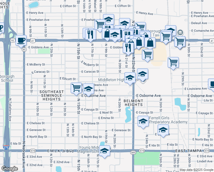 map of restaurants, bars, coffee shops, grocery stores, and more near 1903 East New Orleans Avenue in Tampa