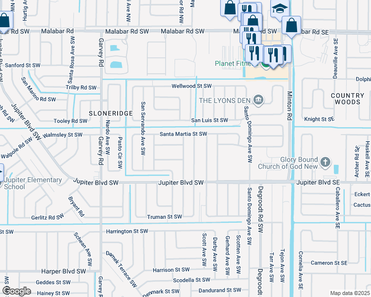 map of restaurants, bars, coffee shops, grocery stores, and more near 431 Tropicaire Avenue Southwest in Palm Bay