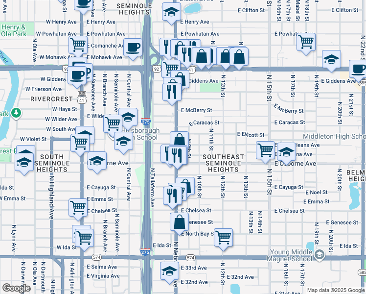 map of restaurants, bars, coffee shops, grocery stores, and more near 903 East New Orleans Avenue in Tampa