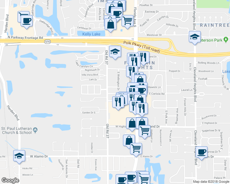 map of restaurants, bars, coffee shops, grocery stores, and more near 311 West Wellington Drive in Lakeland
