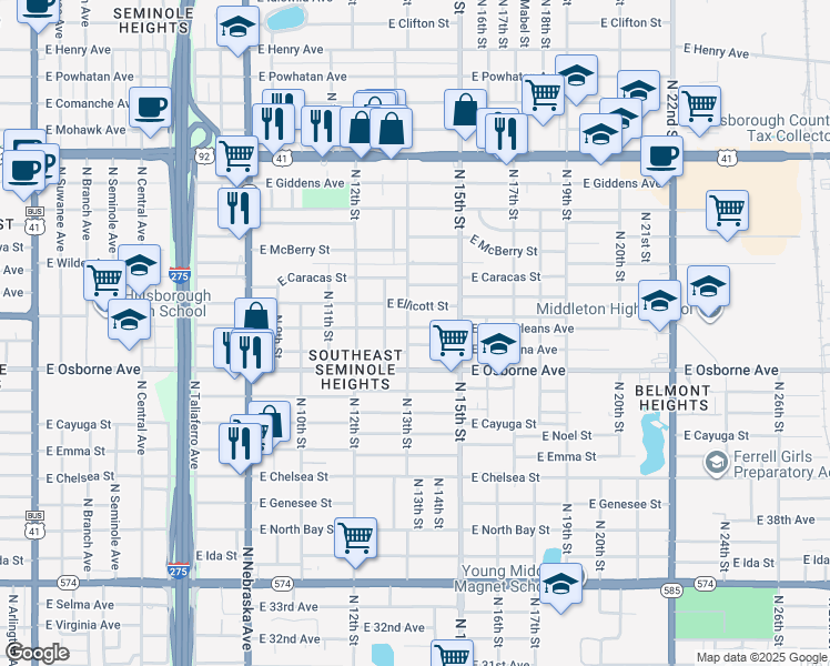 map of restaurants, bars, coffee shops, grocery stores, and more near 1307 East New Orleans Avenue in Tampa