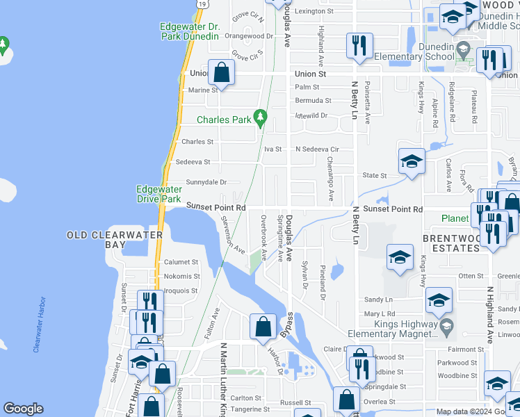 map of restaurants, bars, coffee shops, grocery stores, and more near 1147 County Road 576 in Clearwater