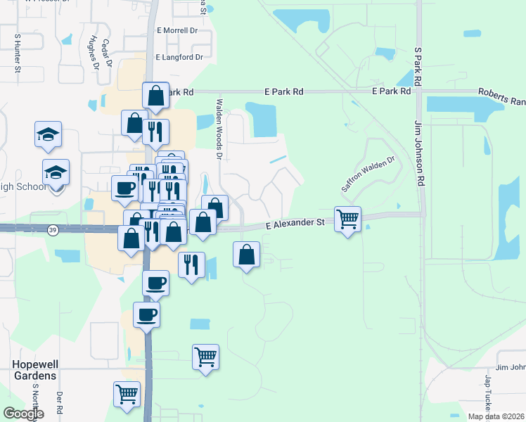 map of restaurants, bars, coffee shops, grocery stores, and more near 2323 Tanbark Ridge Place in Plant City