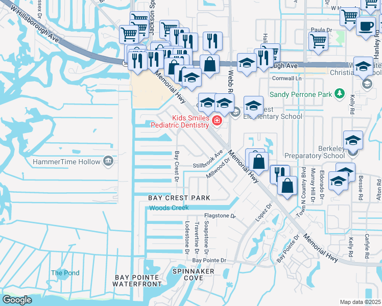 map of restaurants, bars, coffee shops, grocery stores, and more near Bedford Lane in Tampa