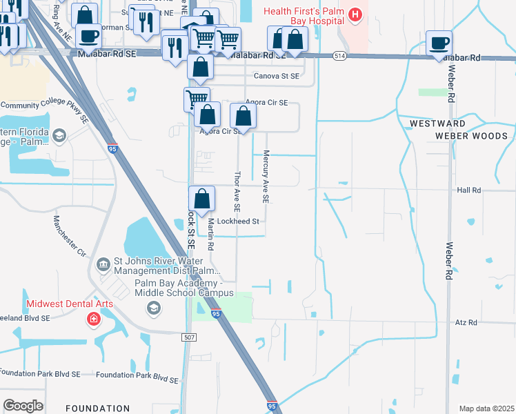 map of restaurants, bars, coffee shops, grocery stores, and more near 430 Mercury Avenue Southeast in Palm Bay