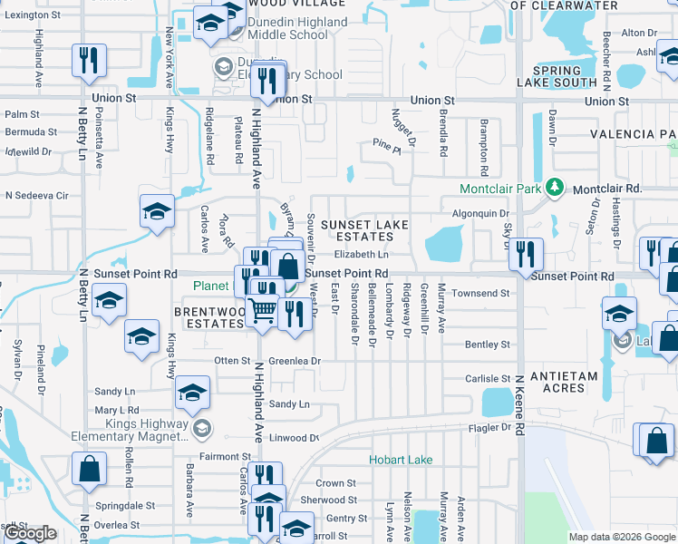 map of restaurants, bars, coffee shops, grocery stores, and more near 1580 County Road 576 in Clearwater