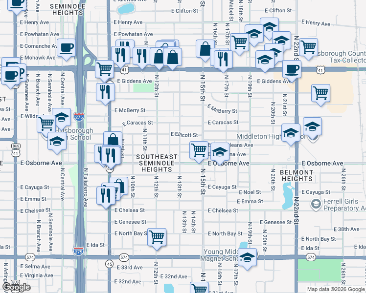 map of restaurants, bars, coffee shops, grocery stores, and more near 1303 East New Orleans Avenue in Tampa