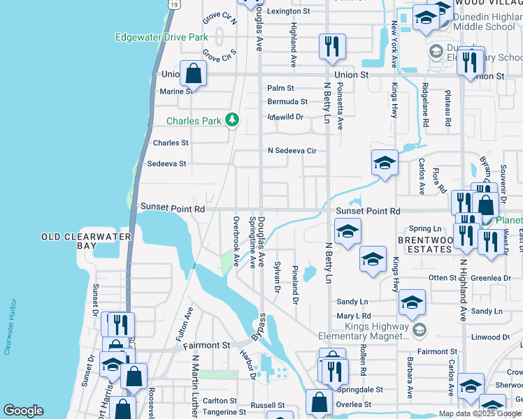 map of restaurants, bars, coffee shops, grocery stores, and more near Sunset Point Rd & Douglas Ave in Clearwater