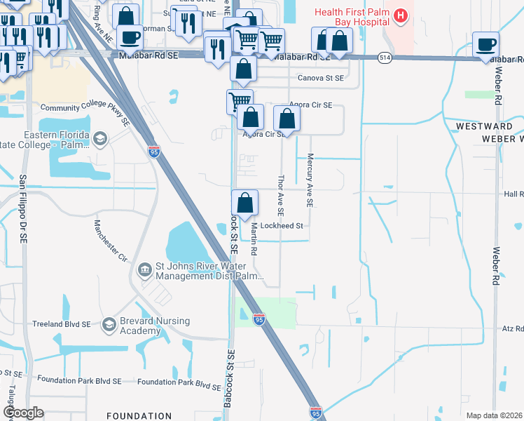 map of restaurants, bars, coffee shops, grocery stores, and more near 431 Martin Road in Palm Bay