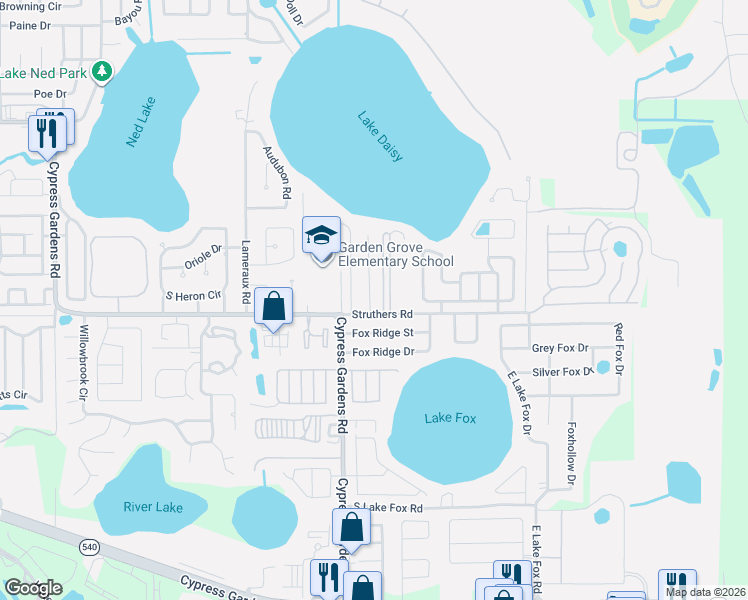 map of restaurants, bars, coffee shops, grocery stores, and more near 5104 Bird Lane in Winter Haven