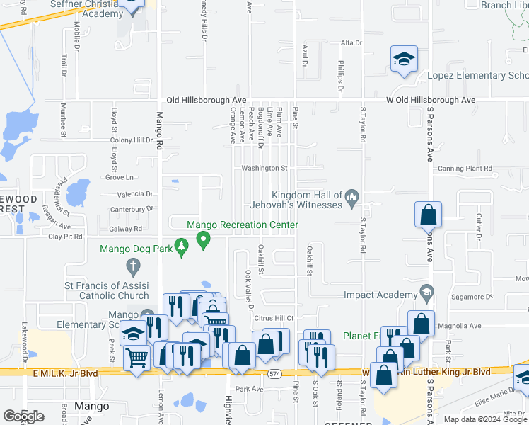 map of restaurants, bars, coffee shops, grocery stores, and more near 5213 Bogdonoff Drive in Seffner