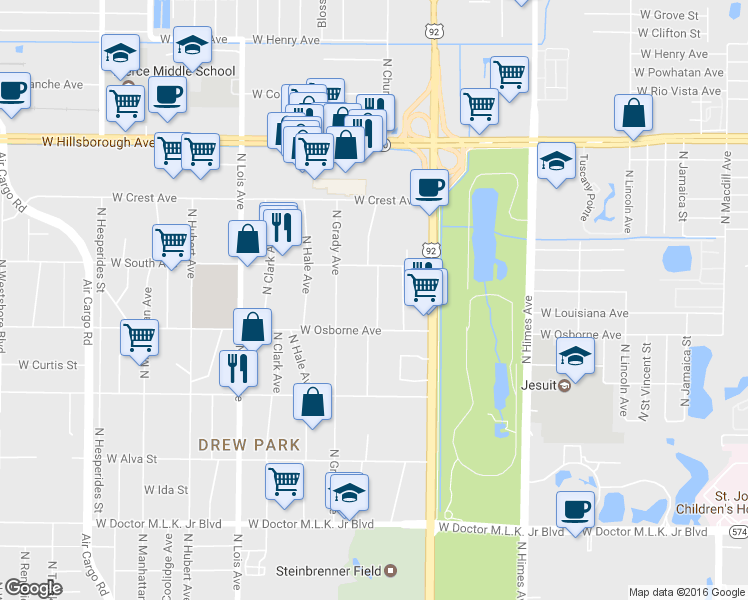 map of restaurants, bars, coffee shops, grocery stores, and more near 8621 Fancy Finch Drive in Tampa
