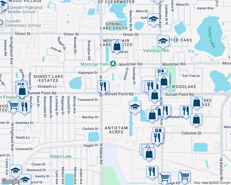 map of restaurants, bars, coffee shops, grocery stores, and more near 1859-1869 Sunset Point Road in Clearwater