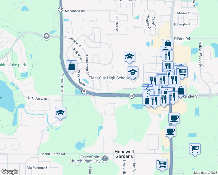 map of restaurants, bars, coffee shops, grocery stores, and more near 2608 Sprucewood Lane in Plant City