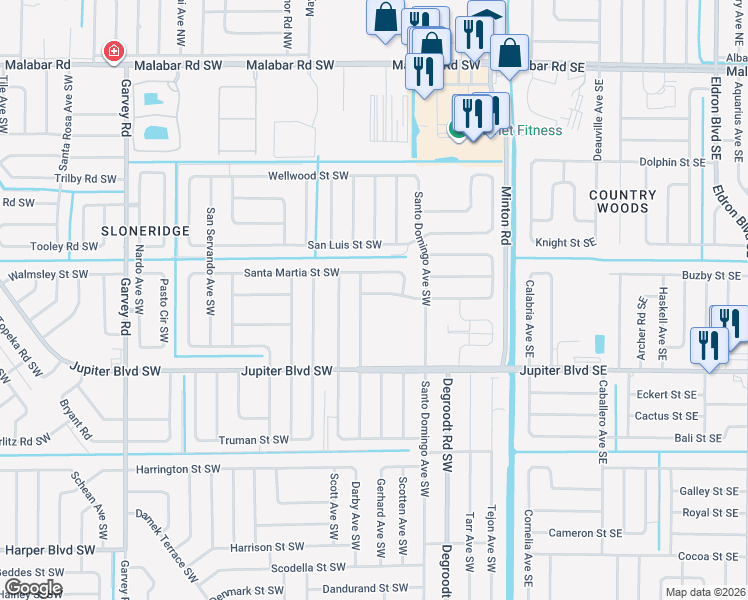 map of restaurants, bars, coffee shops, grocery stores, and more near 288 Tucson Road Southwest in Palm Bay