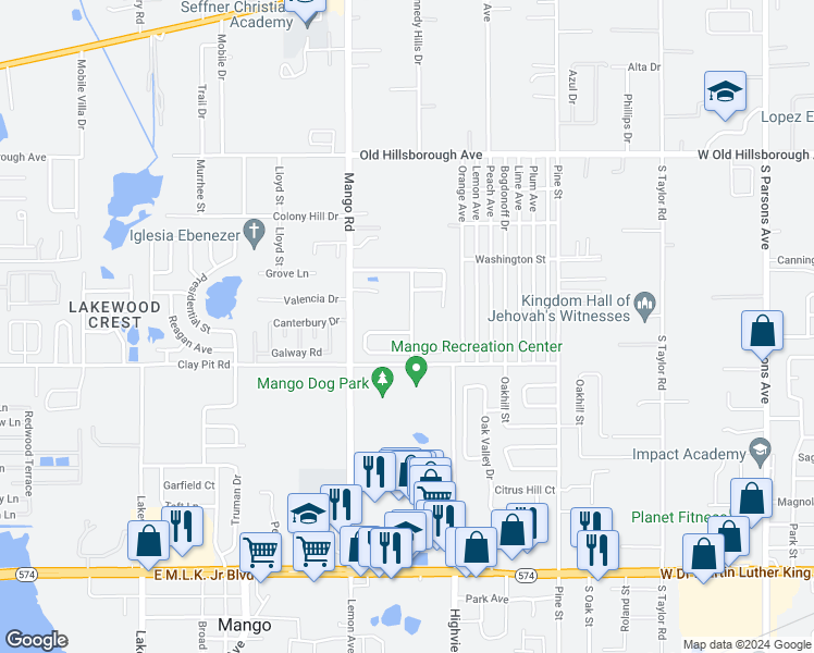 map of restaurants, bars, coffee shops, grocery stores, and more near 11701 Mango Cross Court in Seffner