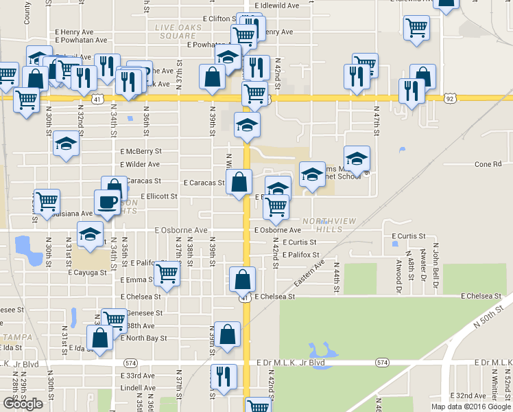 map of restaurants, bars, coffee shops, grocery stores, and more near 4101 Carnegie Court in Tampa