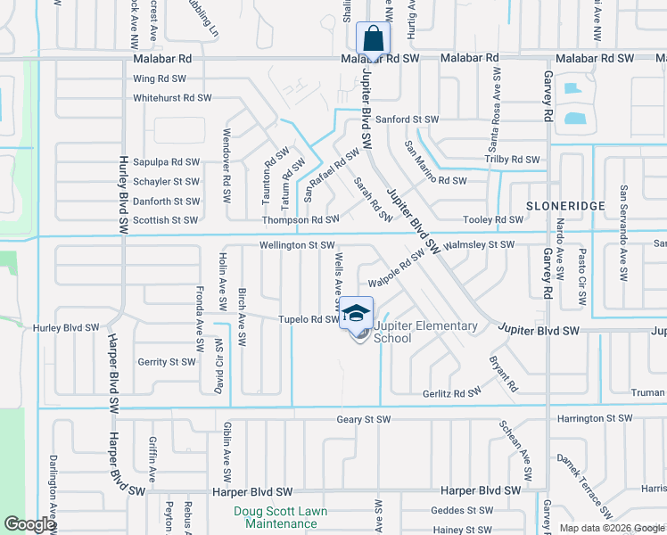 map of restaurants, bars, coffee shops, grocery stores, and more near 426 Wells Avenue Southwest in Palm Bay