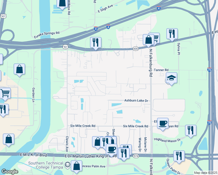 map of restaurants, bars, coffee shops, grocery stores, and more near 9707 Linda Place in Tampa