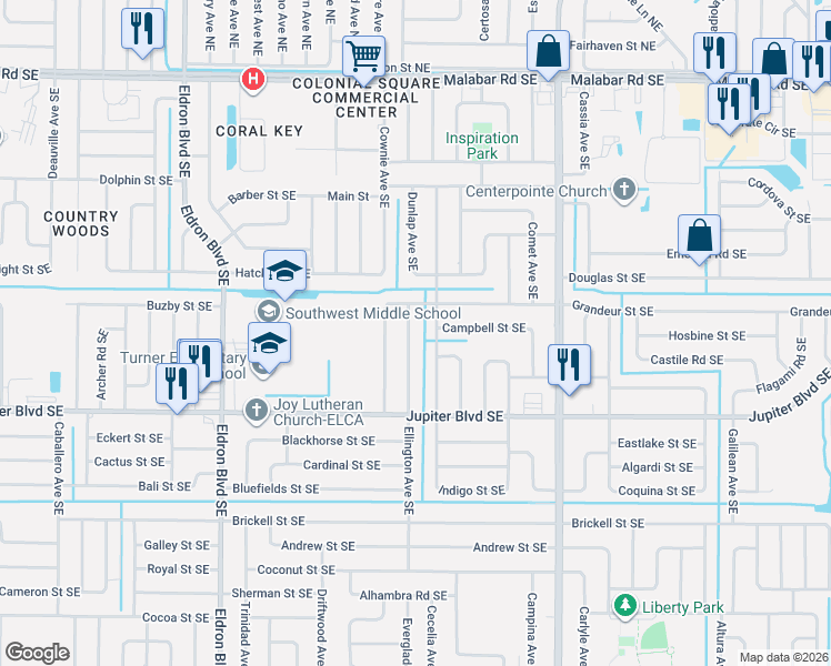 map of restaurants, bars, coffee shops, grocery stores, and more near 430 Charlotta Avenue Southeast in Palm Bay