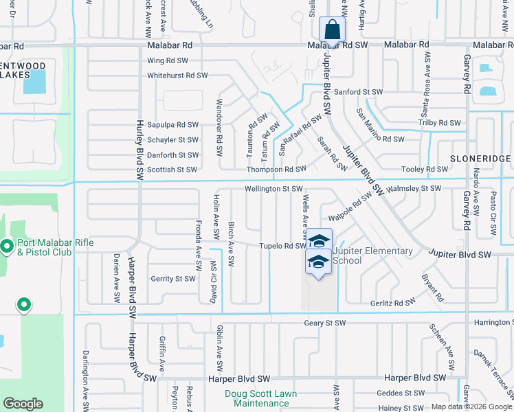 map of restaurants, bars, coffee shops, grocery stores, and more near 434 Wildwood Avenue Southwest in Palm Bay