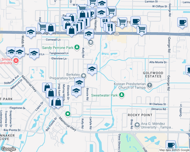 map of restaurants, bars, coffee shops, grocery stores, and more near 4811 Kelly Road in Tampa