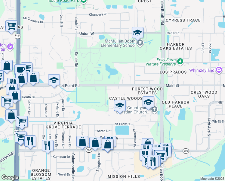 map of restaurants, bars, coffee shops, grocery stores, and more near 2921 Sunrise Drive in Clearwater