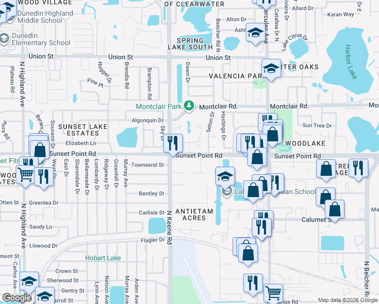 map of restaurants, bars, coffee shops, grocery stores, and more near 1859-1869 Sunset Point Road in Clearwater