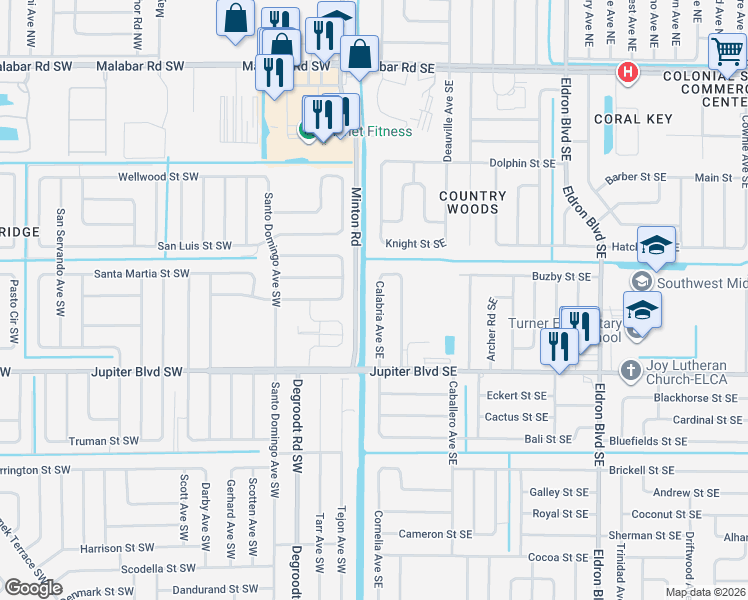 map of restaurants, bars, coffee shops, grocery stores, and more near 426 Calabria Avenue Southeast in Palm Bay