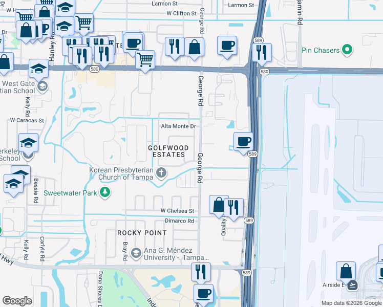 map of restaurants, bars, coffee shops, grocery stores, and more near 4806 Sierra Madre Drive in Tampa