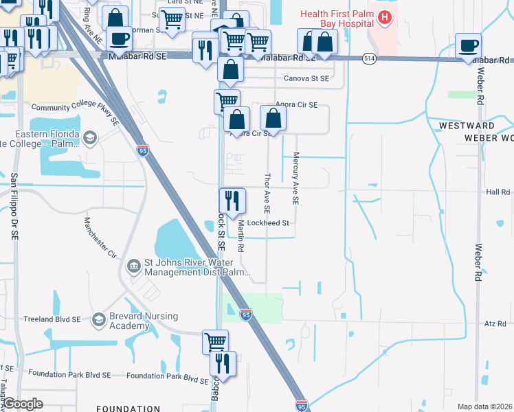 map of restaurants, bars, coffee shops, grocery stores, and more near 431 Martin Road in Palm Bay