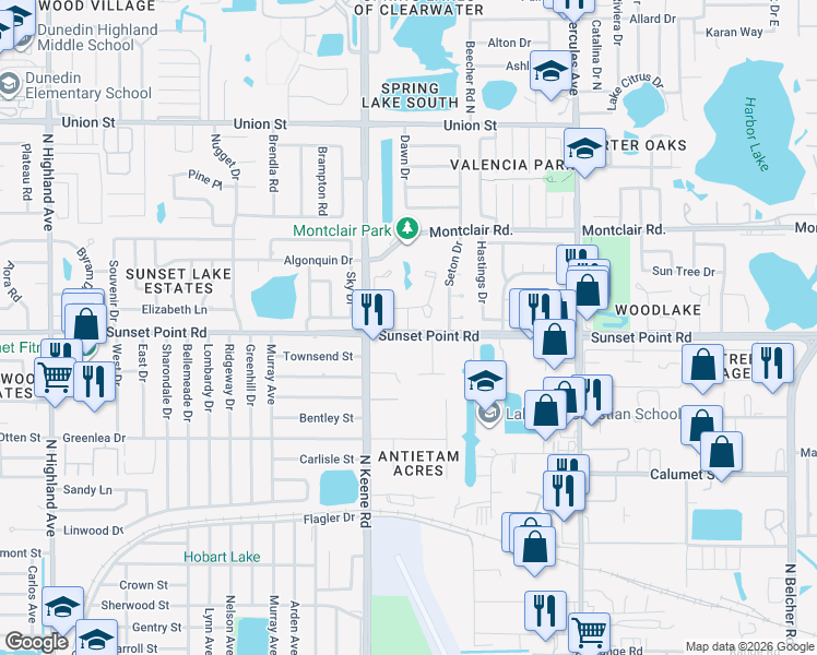 map of restaurants, bars, coffee shops, grocery stores, and more near 1859-1869 Sunset Point Road in Clearwater