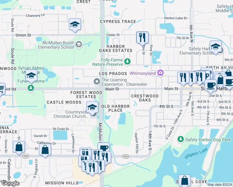 map of restaurants, bars, coffee shops, grocery stores, and more near 109 Oak Avenue in Safety Harbor