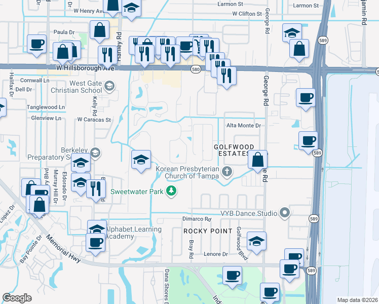 map of restaurants, bars, coffee shops, grocery stores, and more near 2507 Belle Chase Circle in Tampa