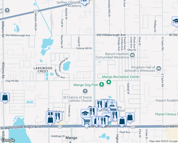 map of restaurants, bars, coffee shops, grocery stores, and more near 11616 Canterbury Drive in Seffner