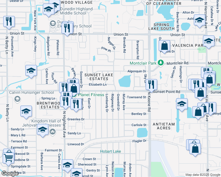 map of restaurants, bars, coffee shops, grocery stores, and more near 1646 Sunset Point Road in Clearwater