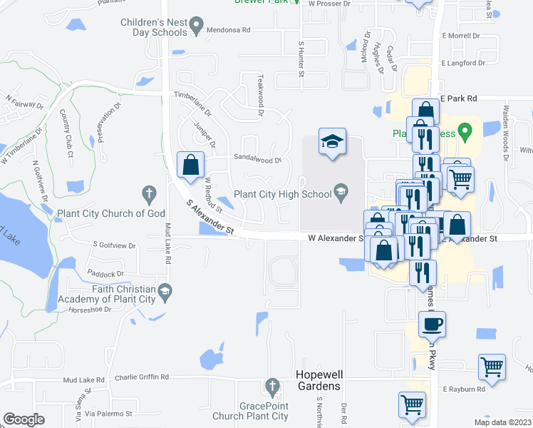 map of restaurants, bars, coffee shops, grocery stores, and more near 1024 Redbud Circle in Plant City