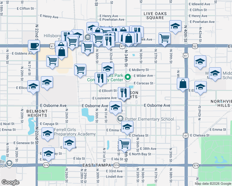 map of restaurants, bars, coffee shops, grocery stores, and more near 3212 East Louisiana Avenue in Tampa
