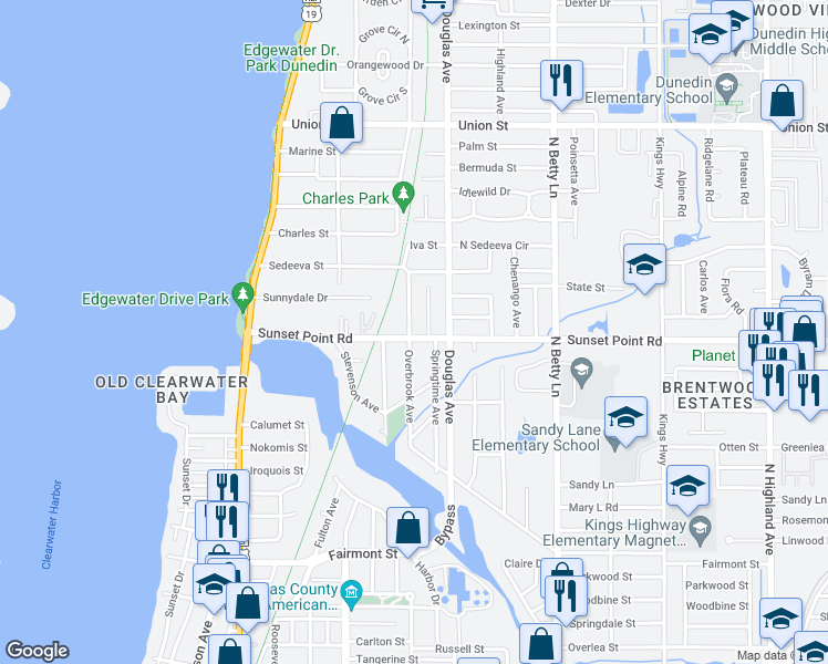 map of restaurants, bars, coffee shops, grocery stores, and more near 1147 County Road 576 in Clearwater