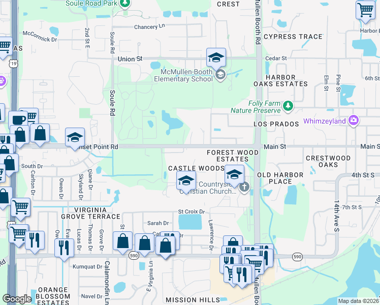 map of restaurants, bars, coffee shops, grocery stores, and more near 1886 Castle Woods Drive in Clearwater