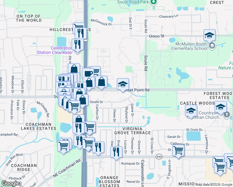 map of restaurants, bars, coffee shops, grocery stores, and more near 2701 Sunset Point Road in Clearwater