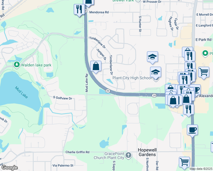 map of restaurants, bars, coffee shops, grocery stores, and more near 1315 West Redbud Street in Plant City