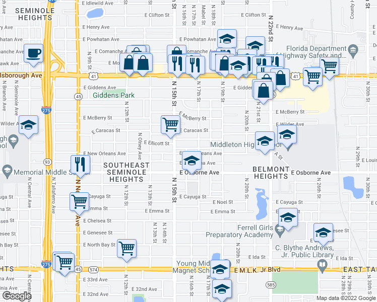 map of restaurants, bars, coffee shops, grocery stores, and more near 1602 East New Orleans Avenue in Tampa