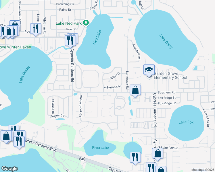 map of restaurants, bars, coffee shops, grocery stores, and more near 927 South Heron Circle in Winter Haven