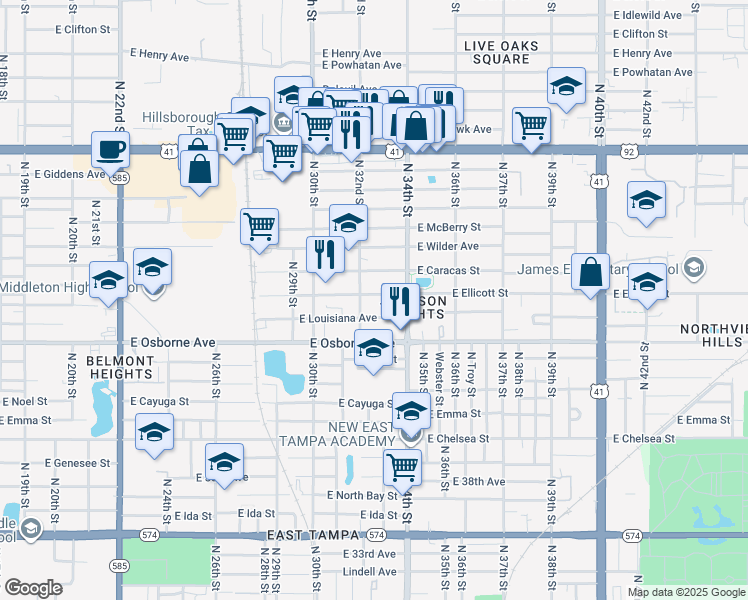 map of restaurants, bars, coffee shops, grocery stores, and more near 3207 East Ellicott Street in Tampa