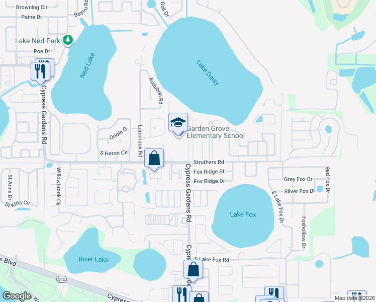 map of restaurants, bars, coffee shops, grocery stores, and more near South Lake Daisy Road in Cypress Gardens