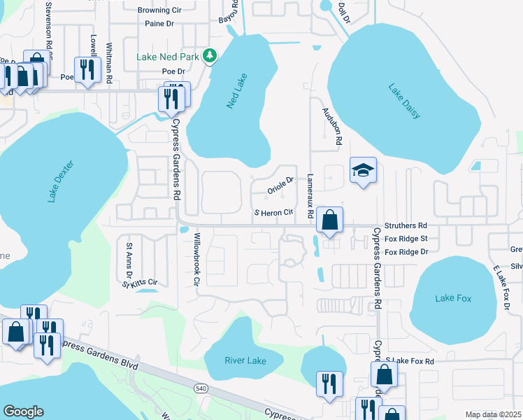 map of restaurants, bars, coffee shops, grocery stores, and more near 927 South Heron Circle in Winter Haven