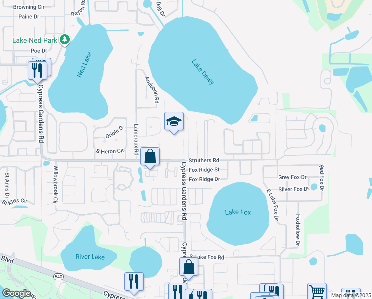 map of restaurants, bars, coffee shops, grocery stores, and more near 5107 Bird Lane in Winter Haven