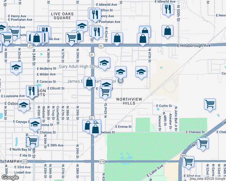 map of restaurants, bars, coffee shops, grocery stores, and more near 4911 North 42nd Street in Tampa
