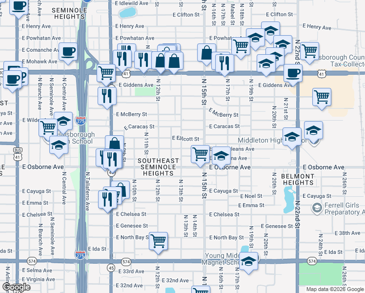 map of restaurants, bars, coffee shops, grocery stores, and more near 1307 East New Orleans Avenue in Tampa